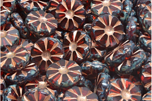 Table Cut Polished Sunflower Beads, Transparent Red Travertin Copper Lined (90060-86800-54307), Glass, Czech Republic