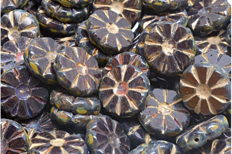 Table Cut Polished Sunflower Beads, Transparent Red Travertin Gold Lined (90110-86800-54302), Glass, Czech Republic