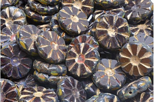 Table Cut Polished Sunflower Beads, Transparent Red Travertin Gold Lined (90110-86800-54302), Glass, Czech Republic