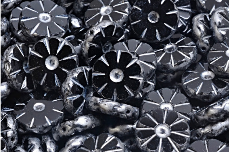 アウトレット 10グラム テーブルカットポリッシュひまわりビーズ、12 x 12 mm、ブラックシルバースプラッシュ（23980-86700）、ガラス、日本製