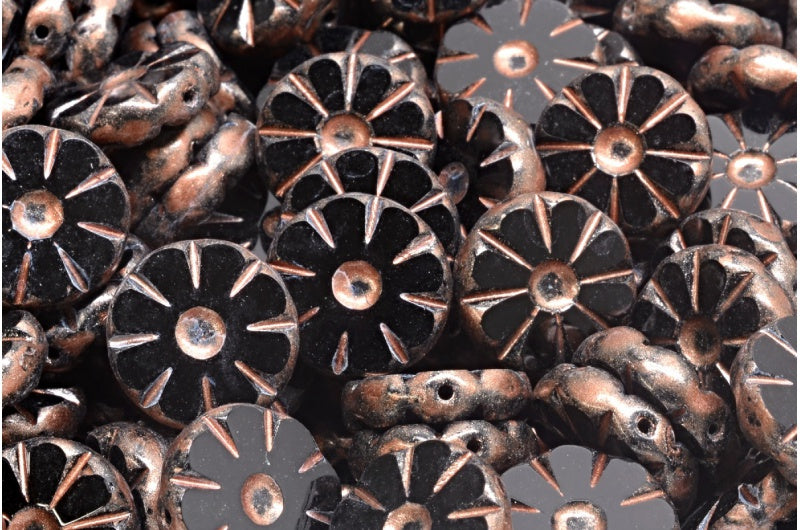 Table Cut Polished Sunflower Beads, Black Copper Splash (23980-86750), Glass, Czech Republic