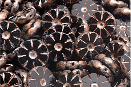 Table Cut Polished Sunflower Beads, Black Copper Splash (23980-86750), Glass, Czech Republic