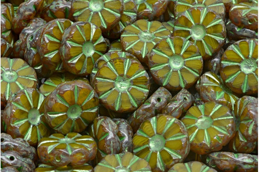 Table Cut Polished Sunflower Beads, Opal Yellow Travertin Green (81210-86800-43813), Glass, Czech Republic