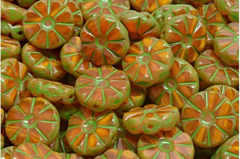 Table Cut Polished Sunflower Beads, Orange Green Spotted (81260-33311), Glass, Czech Republic