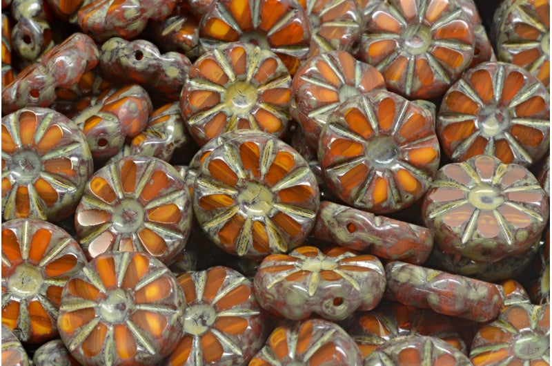 Table Cut Polished Sunflower Beads, Orange Travertin (81260-86800), Glass, Czech Republic