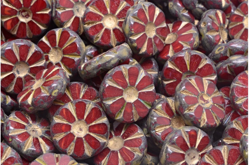 Table Cut Polished Sunflower Beads, Opal Red Travertin Gold Lined (91260-86800-54302), Glass, Czech Republic