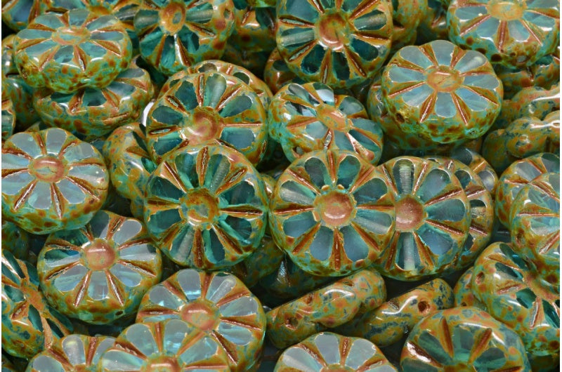 Table Cut Polished Sunflower Beads, Transparent Aqua Travertin (60010-86800), Glass, Czech Republic