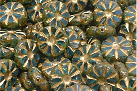 Table Cut Polished Sunflower Beads, Transparent Aqua Travertin Gold Lined (60010-86800-54302), Glass, Czech Republic
