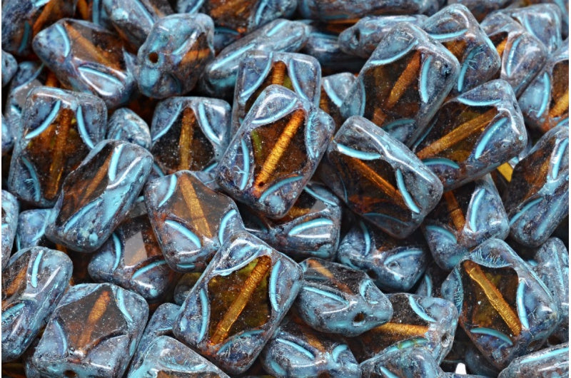 Table Cut Rectangle Beads, Orange With Brown Lines Travertin Turqouise Spotted (18016-86800-33309), Glass, Czech Republic