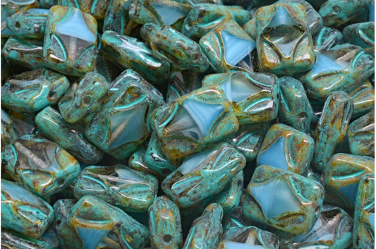 テーブルカット長方形ビーズ、36017 トラバーチン ターコイズ スポット (36017-86800-33310)、ガラス、チェコ共和国