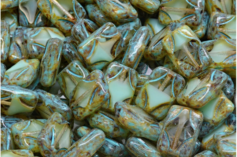 テーブルカット長方形ビーズ、56217 トラバーチン ターコイズ スポット (56217-86800-33309)、ガラス、チェコ共和国