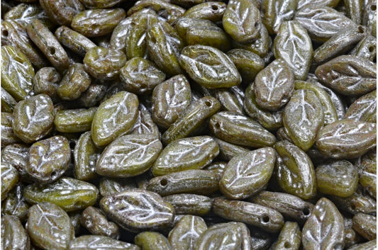 Cherry Leaf Beads, Transparent Green Opaque Green Travertin Silver Lined (50220-53400-86800-54301), Glass, Czech Republic