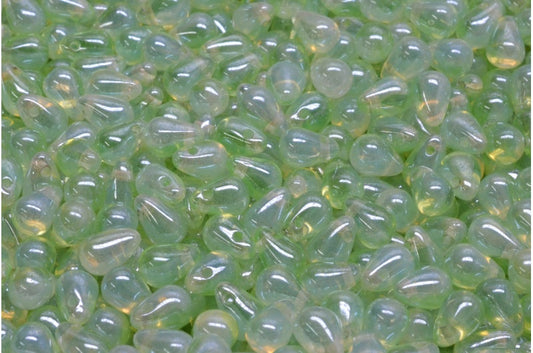 ドロップビーズ、オパールホワイト透明グリーンヘマタイト（01000-50800-14400）、ガラス、チェコ共和国