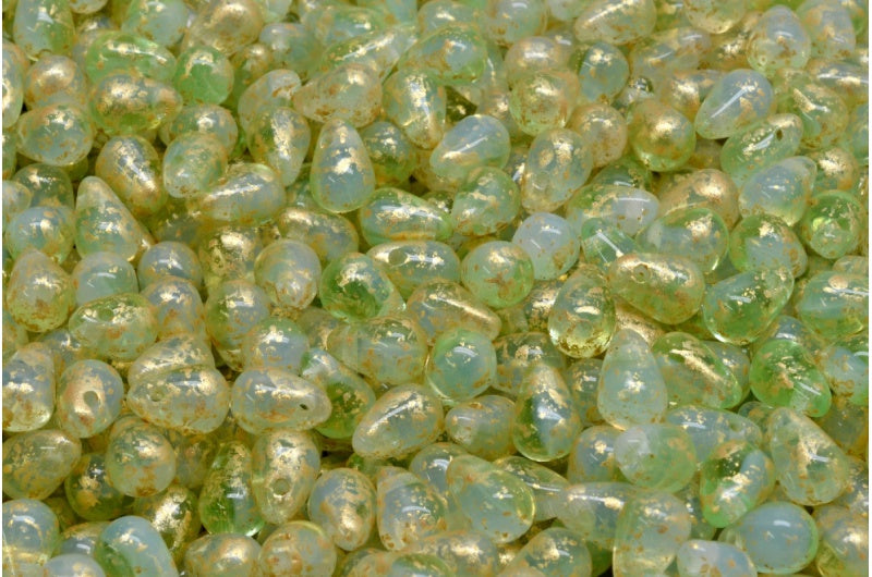 Drop Beads, Opal White Transparent Green Gold Splash (01000-50800-94401), Glass, Czech Republic