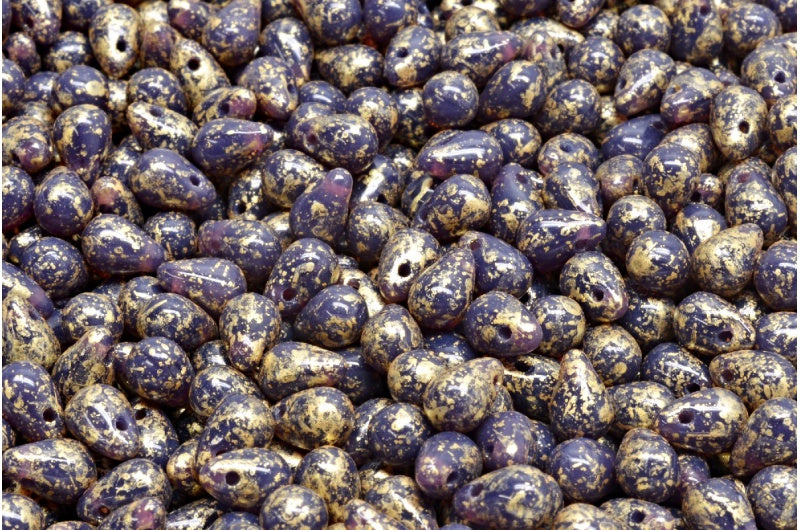 水滴珠，蛋白石深薰衣草金色泼墨（21010-94401），玻璃，捷克共和国