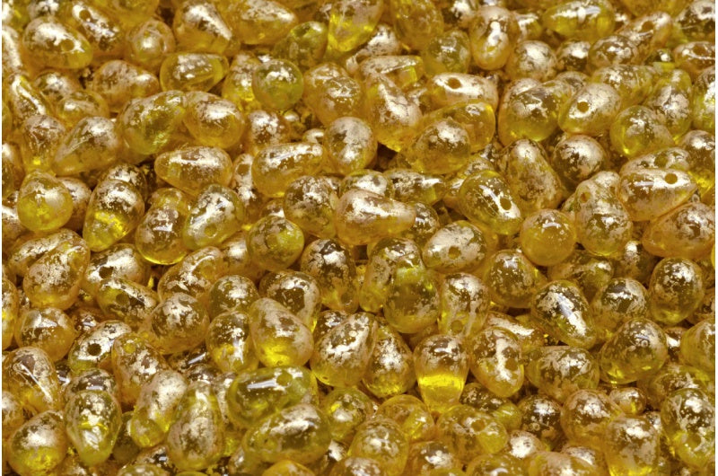 水滴珠，透明黄透明绿金飞溅（80020-50220-94401），玻璃，捷克共和国