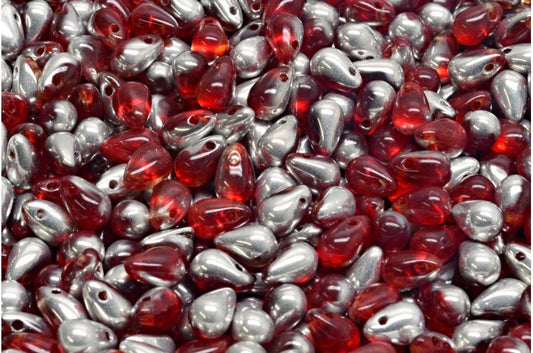 水滴珠，红宝石红透明浅黄玉色水晶银色半镀层（90080-10020-27001），玻璃，捷克共和国