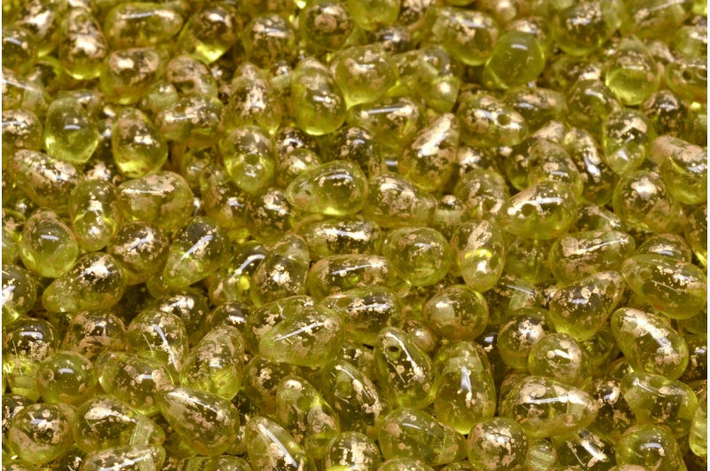 OUTLET 10 grams Drop Beads, 4 x 6 mm, Transparent Green Gold Splash (50210-94401), Glass, Czech Republic