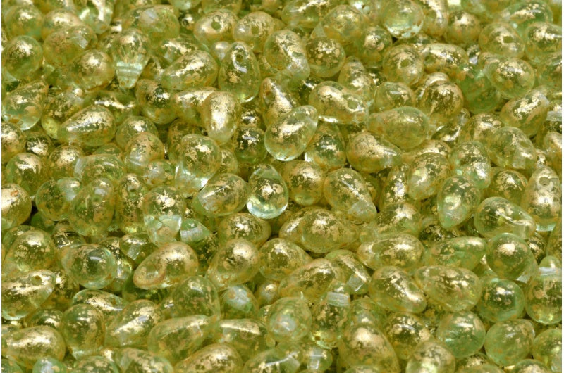 Drop Beads, Transparent Green Gold Splash (50500-94401), Glass, Czech Republic