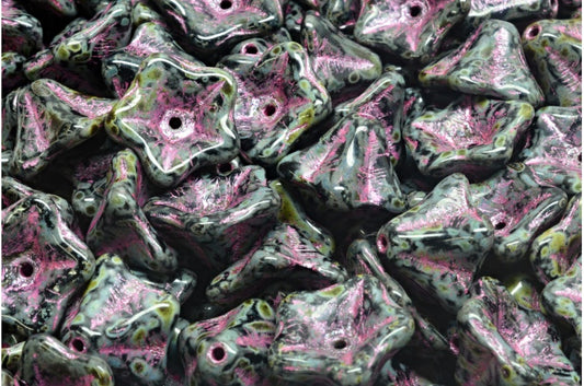 Petunia Flower Beads, Black Travertin Pink Lined (23980-86800-54321), Glass, Czech Republic