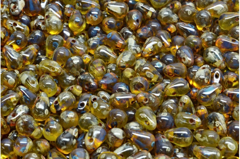 Drop Beads, Transparent Yellow Transparent Green Travertin (80020-50220-86800), Glass, Czech Republic