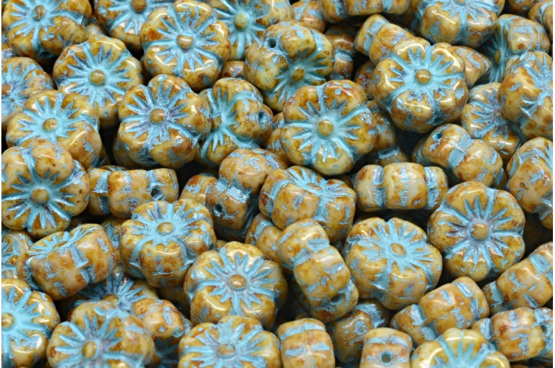 Hawaiian Flower Beads, White Travertin Light Blue Lined (02010-86800-54308), Glass, Czech Republic