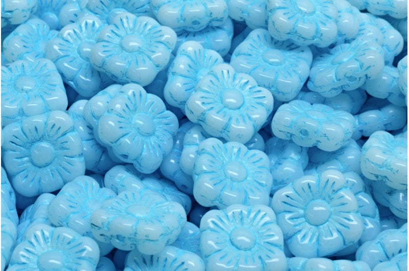 Square Flower Beads, White Light Blue Lined (02010-54308), Glass, Czech Republic