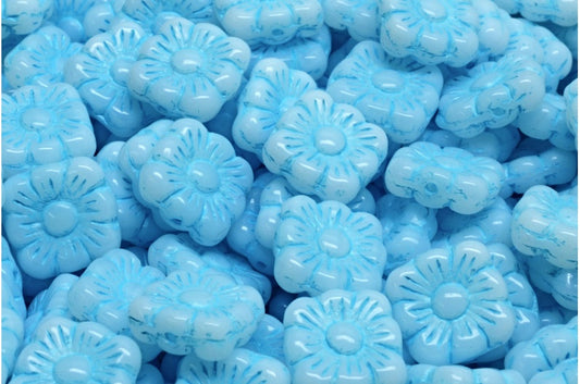 Square Flower Beads, White Light Blue Lined (02010-54308), Glass, Czech Republic