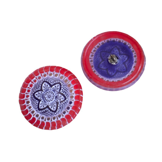 1 pcs Hand Painted Glass Buttons with ornament, size 14 (31.5 mm), Glass, Czech Republic