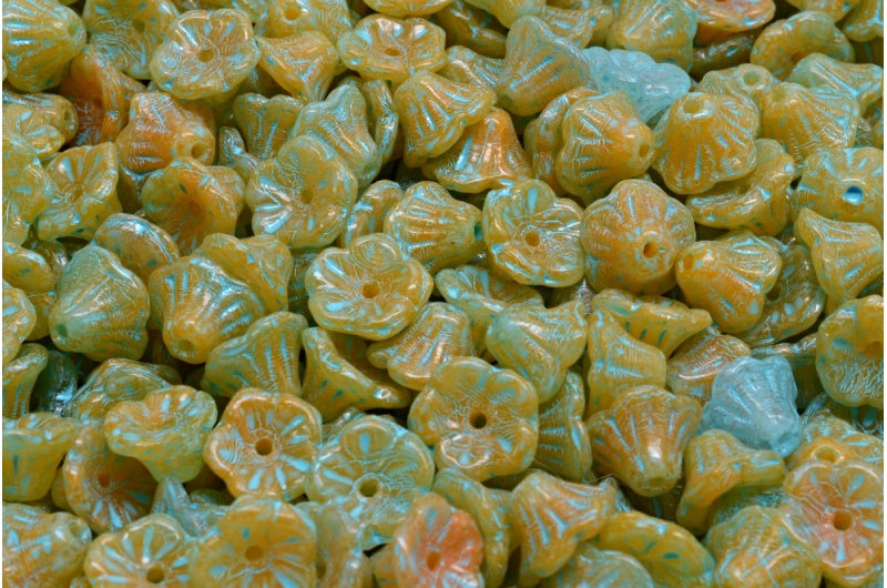 Bell Flower Cup Beads, Orange Turqouise Spotted (R0912-33309), Glass, Czech Republic