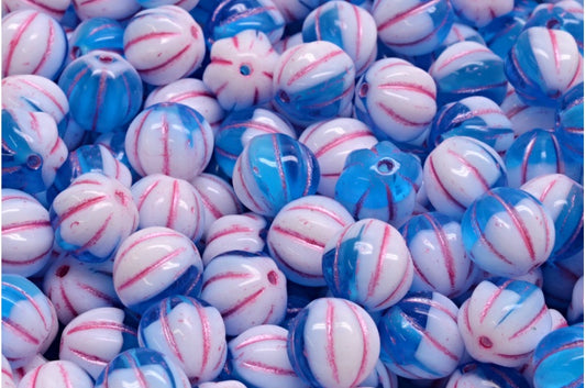 メロンビーズ、白透明アクアピンクライン入り（02010-60020-54321）、ガラス、チェコ共和国