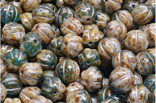 メロンビーズ、白透明アクアトラバーチンシルバーライン（02010-60020-86800-54301）、ガラス、チェコ共和国