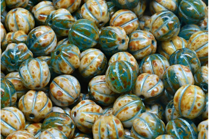 メロンビーズ、白透明アクアトラバーチンライトブルーライン（02010-60020-86800-54308）、ガラス、チェコ共和国