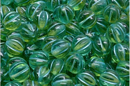 メロンビーズ、透明グリーン、透明アクア、ライトブルーのライン入り（50230-60000-54308）、ガラス、チェコ共和国