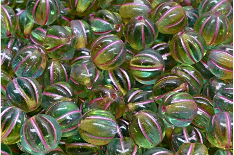 メロンビーズ、透明グリーン、透明アクアピンクライン入り（50230-60000-54321）、ガラス、チェコ共和国