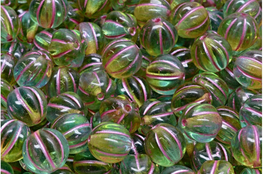 メロンビーズ、透明グリーン、透明アクアピンクライン入り（50230-60000-54321）、ガラス、チェコ共和国