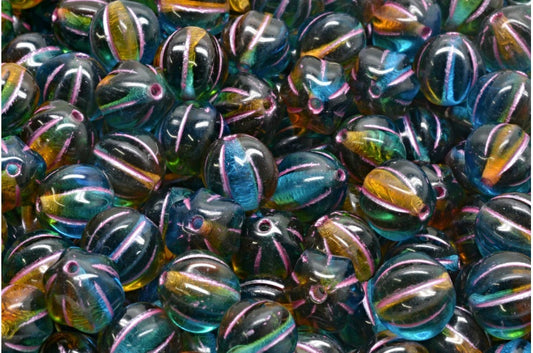 メロンビーズ、透明オレンジ、透明アクアピンクライン入り（10080-60040-54321）、ガラス、チェコ共和国