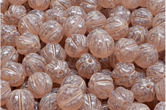 メロンビーズ、透明ライトアメジストベージュトラバーチンスポット（20020-33301）、ガラス、チェコ共和国