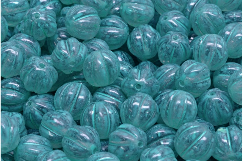 メロンビーズ、透明ライトアメジストターコイズスポット（20020-33310）、ガラス、チェコ共和国
