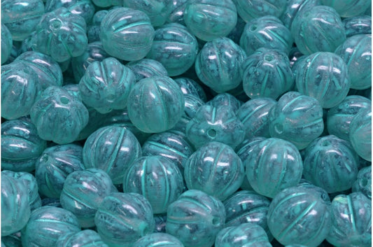 メロンビーズ、透明ライトアメジストターコイズスポット（20020-33310）、ガラス、チェコ共和国