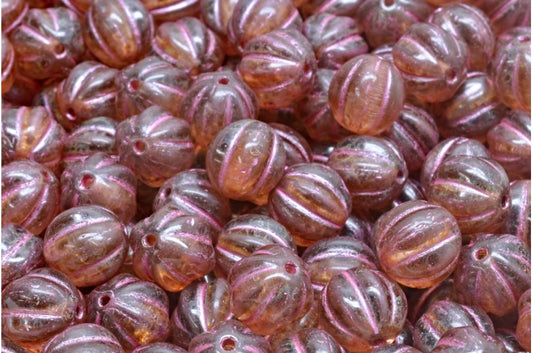 メロンビーズ、透明ライトアメジストトラバーチンピンクライン（20020-86800-54321）、ガラス、チェコ共和国
