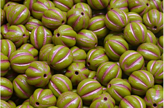 メロンビーズ、不透明グリーンピンクライン（53410-54321）、ガラス、チェコ共和国