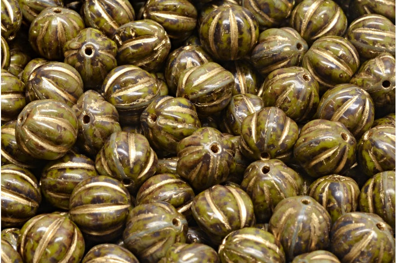 メロンビーズ、不透明グリーントラバーチン、金箔入り（53410-86800-54302）、ガラス、チェコ共和国