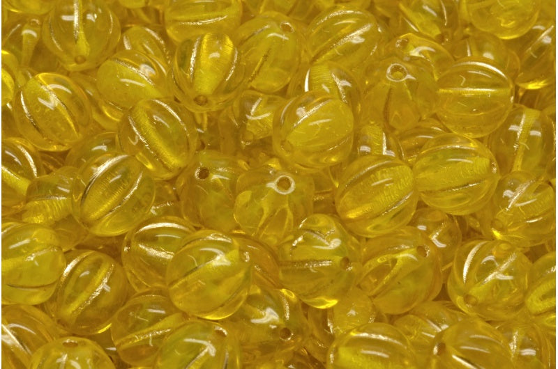 Melon Beads, Transparent Yellow Gold Lined (80020-54302), Glass, Czech Republic