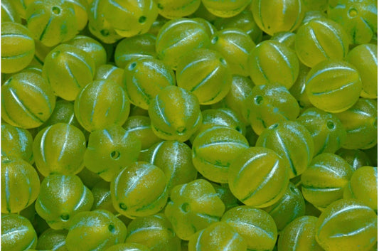 メロンビーズ、透明イエローマットライトブルーライン（80020-84100-54308）、ガラス、チェコ共和国