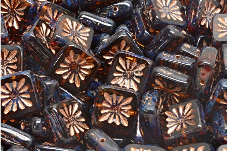 Table Cut Square Kiwi Beads, Transparent Brown Travertin Copper Lined (10100-86800-54319), Glass, Czech Republic