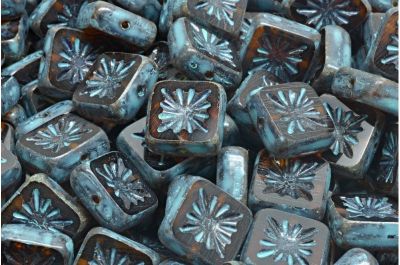 Table Cut Square Kiwi Beads, Transparent Brown Travertin Turqouise Spotted (10210-86800-33309), Glass, Czech Republic