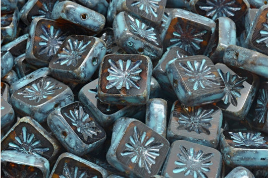 テーブルカットスクエアキウイビーズ、透明ブラウントラバーチンターコイズスポット（10210-86800-33309）、ガラス、チェコ共和国