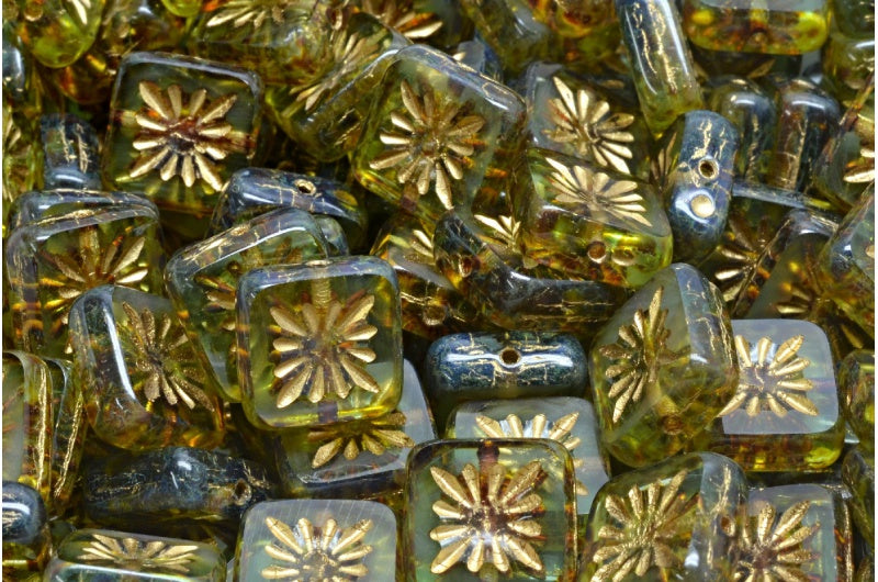 桌面切割方形奇异果珠，透明绿色洞石金边（50500-86800-54302），玻璃，捷克共和国