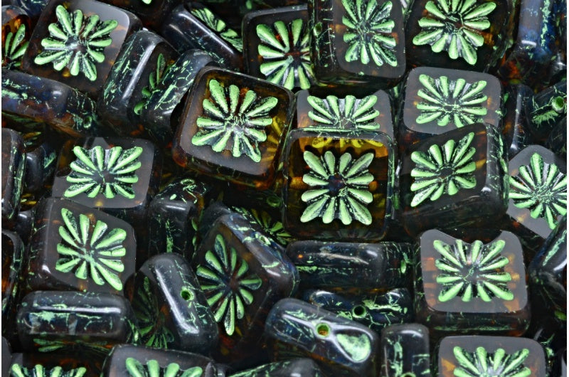 Table Cut Square Kiwi Beads, Orange With Brown Lines Travertin Green (18016-86800-43813), Glass, Czech Republic